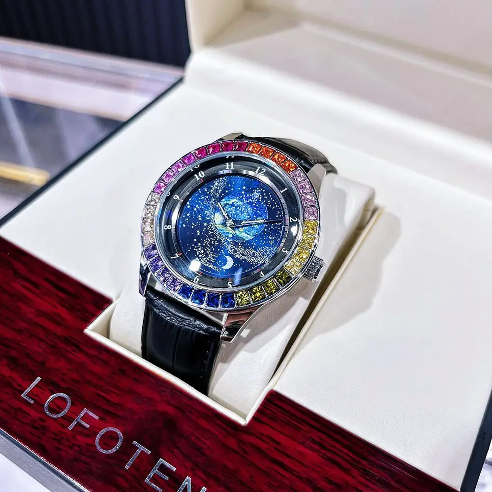 Mens Luxury 45mm Rainbow Bezel Automatic Earth and Stars Watch