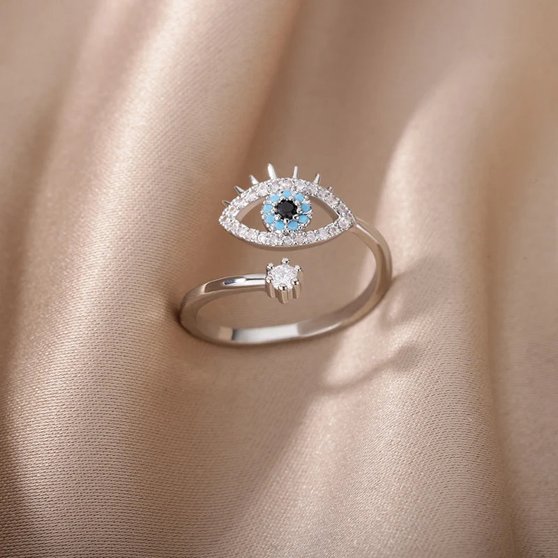 Silver Plated Turkish Evil Eye Ring for Women Adjustable Resizable