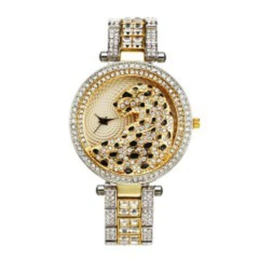 Bi Metal Diamond Women Leopard Watch