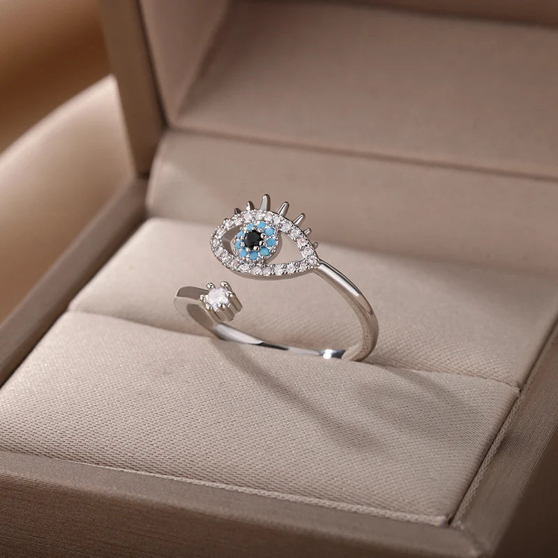 Silver Plated Turkish Evil Eye Ring for Women Adjustable Resizable