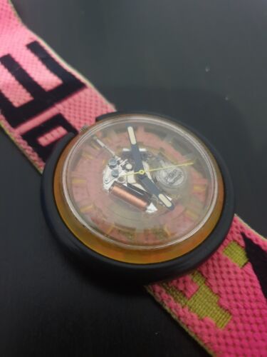 *RARE 1988* POP SWATCH WATCH YELLOW SKELETON BLACK CASE PINK STRAP WITH BOX.