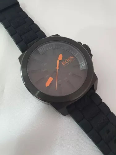 MENS GENUINE 50MM HUGO BOSS ORANGE BLACK RUBBER WRIST WATCH HB.221.1.34 2625