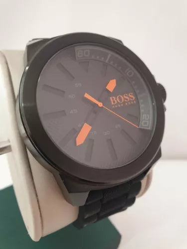 MENS GENUINE 50MM HUGO BOSS ORANGE BLACK RUBBER WRIST WATCH HB.221.1.34 2625