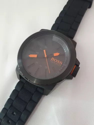 MENS GENUINE 50MM HUGO BOSS ORANGE BLACK RUBBER WRIST WATCH HB.221.1.34 2625