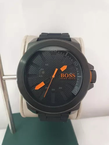 MENS GENUINE 50MM HUGO BOSS ORANGE BLACK RUBBER WRIST WATCH HB.221.1.34 2625