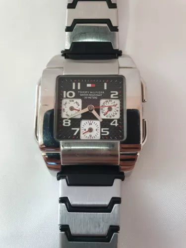 Mens 38mm Tommy Hilfiger Black Dial Rubber Strap Square Wrist Watch F90231