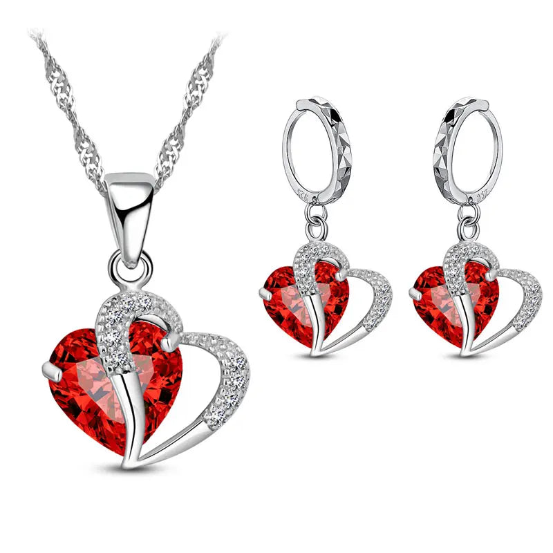 Red Diamante Crystal Love Heart Silver Necklace And Earrings Set 