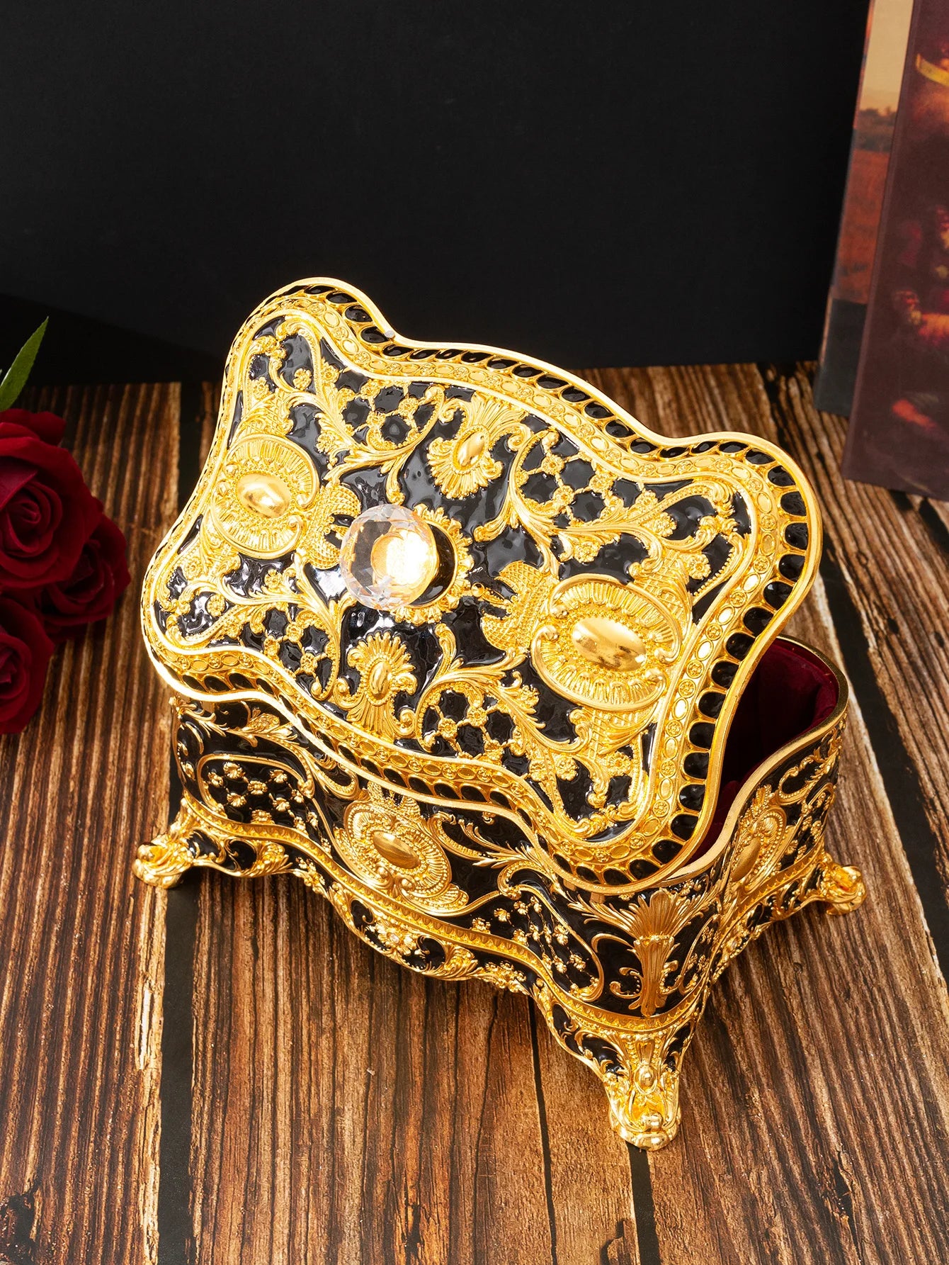 Black and Gold Luxury High-End European Pattern Hand-Painted Diamond handle Jewellery Storage Box