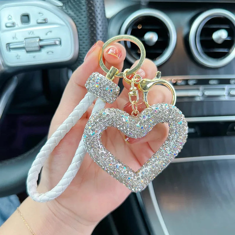 Silver Hollow Heart Diamond Keyring Keychain Leather Rope