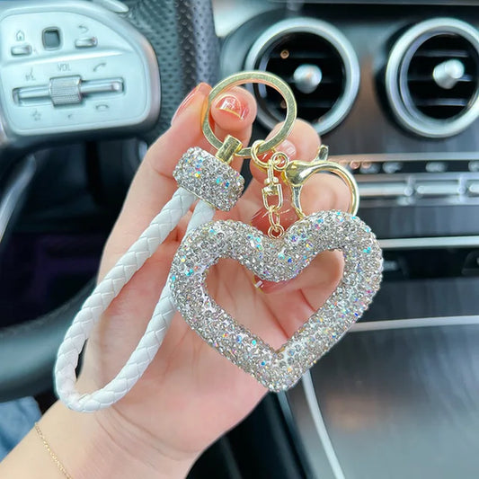 Silver Hollow Heart Diamond Keyring Keychain Leather Rope