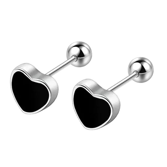 Silver Frame Black Detailing Heart Small Stud Earrings for Women