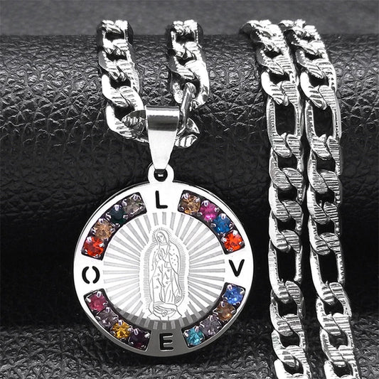  Virgin Mary Multicoloured Gem Necklace Mens Unisex Silver Stainless Steel With Curb Chain