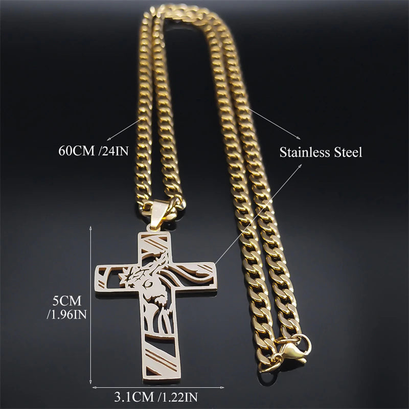 Large Jesus Christ Cross Crucifix Silver Stainless Steel With Curb Style Chain