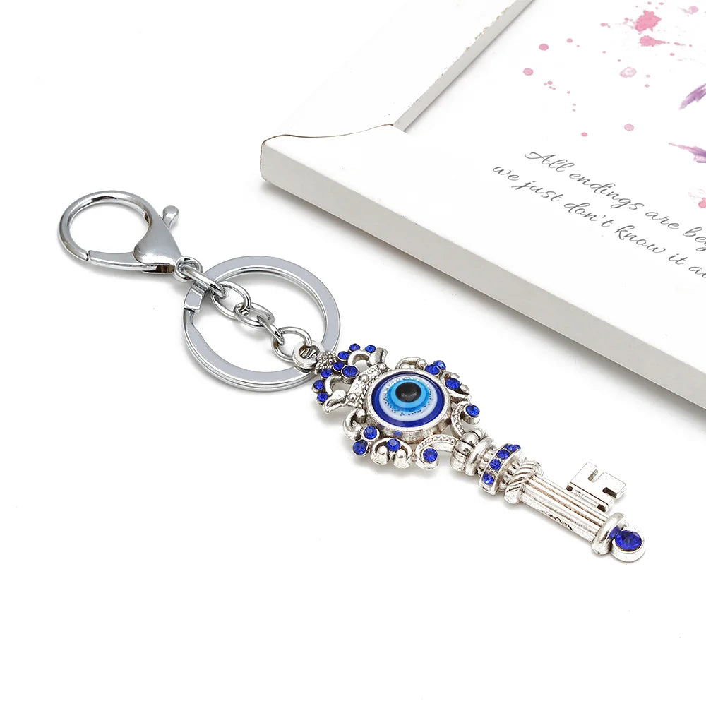 Key Shaped Evil Eye Turkish Keychain Blue and Silver Keyring Charm Lucky Keyring