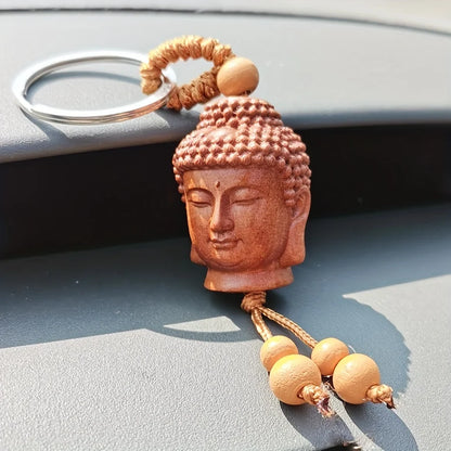 Mahogany Unique Peach Wood Buddha Head 3D Keychain Keyring 