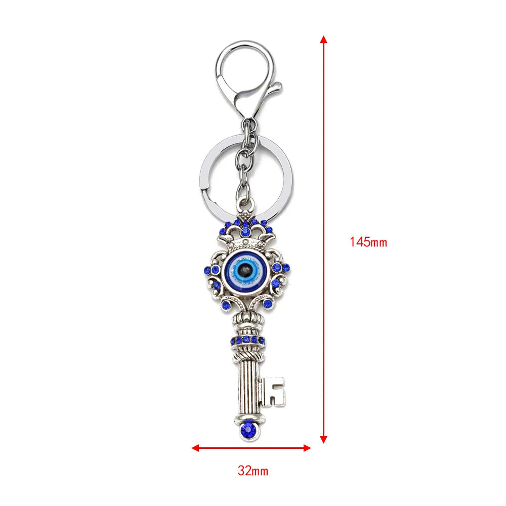 Key Shaped Evil Eye Turkish Keychain Blue and Silver Keyring Charm Lucky Keyring