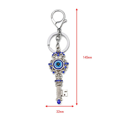 Key Shaped Evil Eye Turkish Keychain Blue and Silver Keyring Charm Lucky Keyring