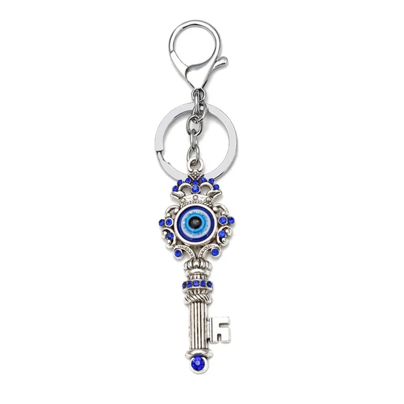 Key Shaped Evil Eye Turkish Keychain Blue and Silver Keyring Charm Lucky Keyring