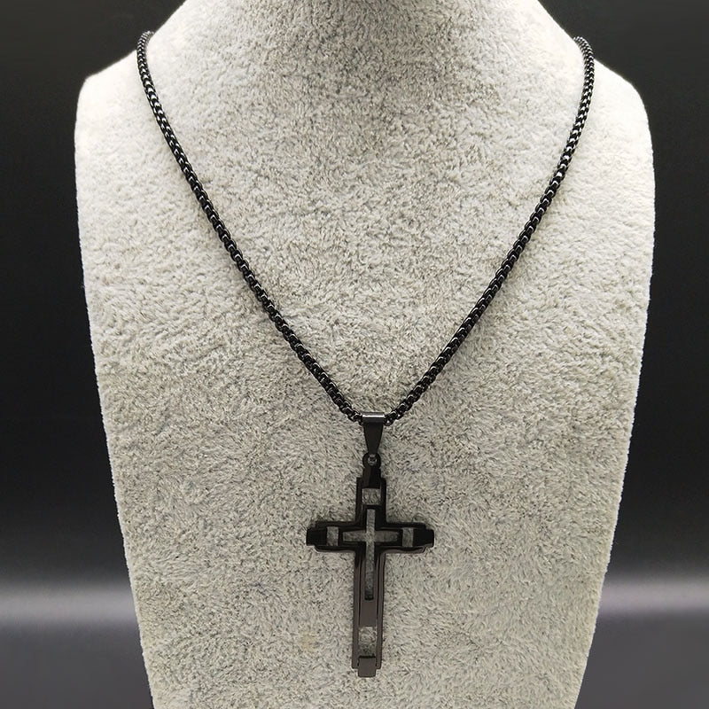 Mens Jesus Cross within a Cross Crucifix Pendant Black Stainless Steel Necklace Chain