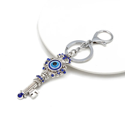 Key Shaped Evil Eye Turkish Keychain Blue and Silver Keyring Charm Lucky Keyring