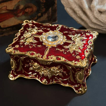 Red and Gold Luxury High-End European Pattern Hand-Painted Diamond handle Jewellery Storage Box