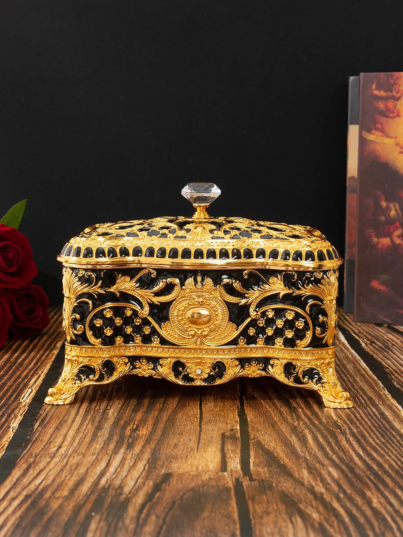 Black and Gold Luxury High-End European Pattern Hand-Painted Diamond handle Jewellery Storage Box