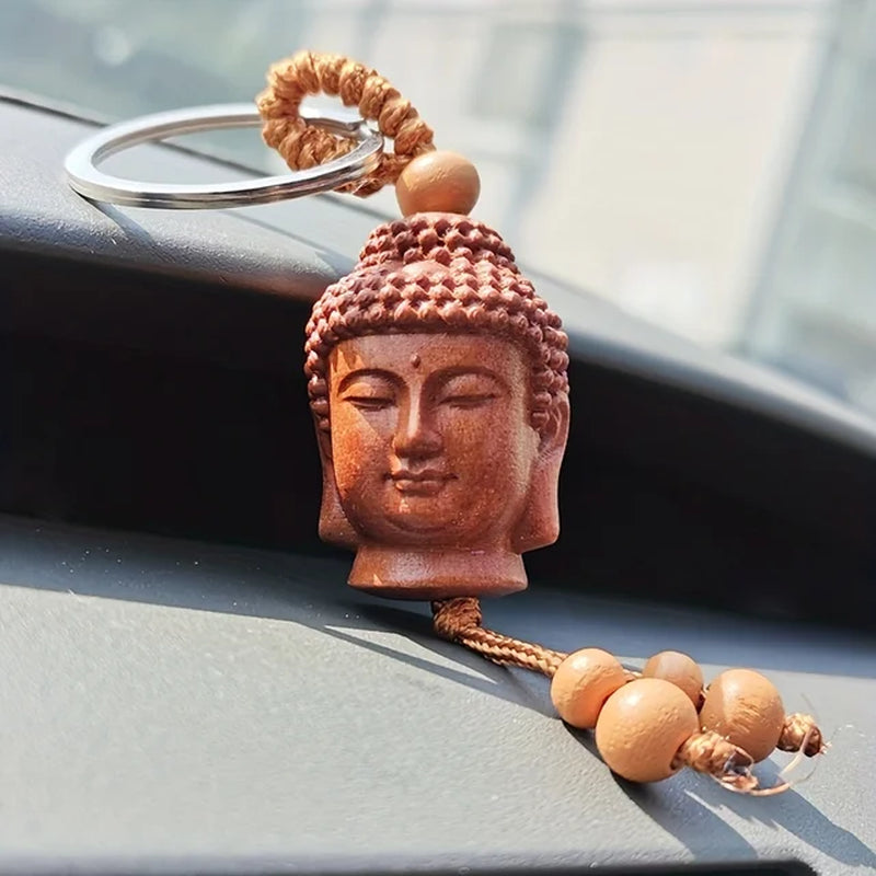 Mahogany Unique Peach Wood Buddha Head 3D Keychain Keyring 