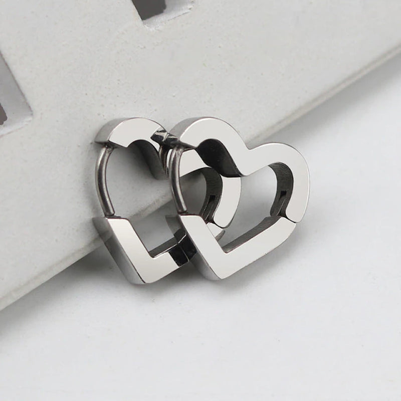 Stainless Steel Silver Love Heart Hoop Huggies Earrings for Men