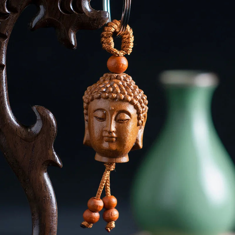 Mahogany Unique Peach Wood Buddha Head 3D Keychain Keyring 