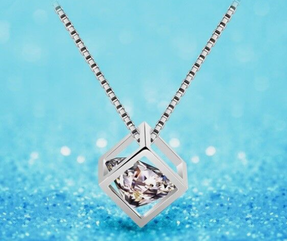 Silver Diamond Cube Necklace Stainless Steel 