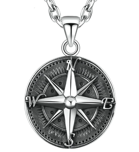 Men’s Vintage Compass Stainless Steel Silver Pendant Necklace  