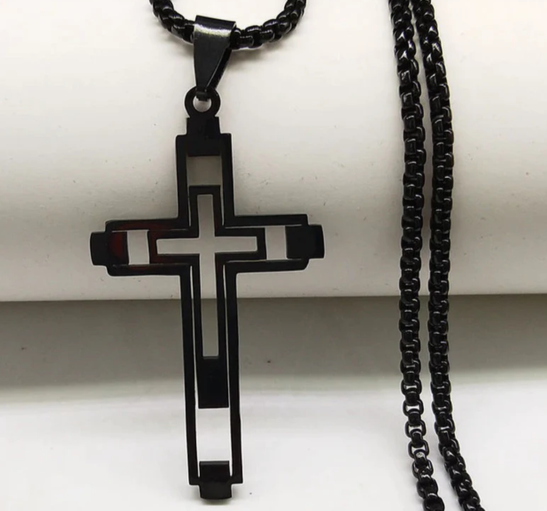 Mens Jesus Cross within a Cross Crucifix Pendant Black Stainless Steel Necklace Chain