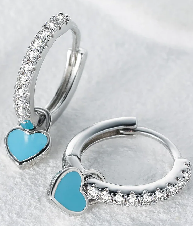 Womens Silver Color Hoop Earrings with Cute Candy Neon Color Enamel Heart Charm Drop Earring 