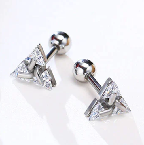 Mens Silver Stainless Steel Earring Triangle Crystal Diamond Stud 