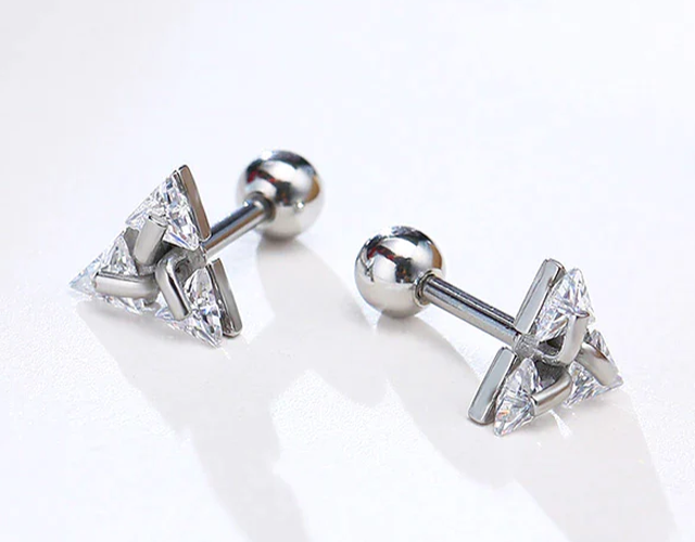 Mens Silver Stainless Steel Earring Triangle Crystal Diamond Stud 