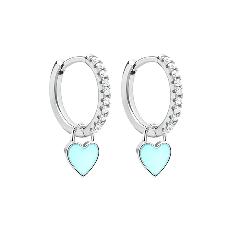 Womens Silver Color Hoop Earrings with Cute Candy Neon Color Enamel Heart Charm Drop Earring 