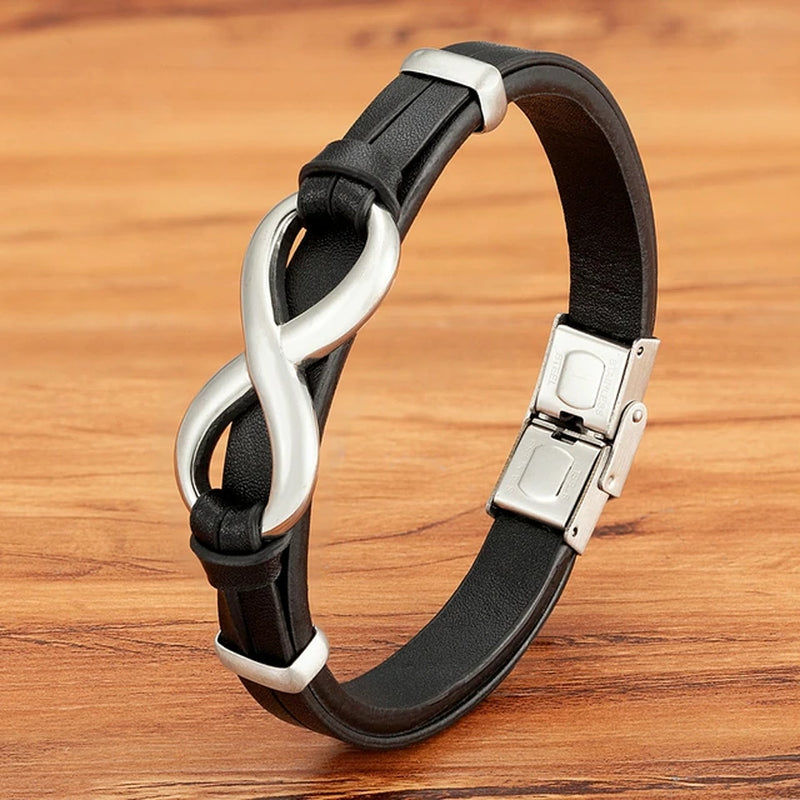 Luxury Genuine Leather Infinity Symbol Mens Bracelet Stainless Steel Buckle Bangle 