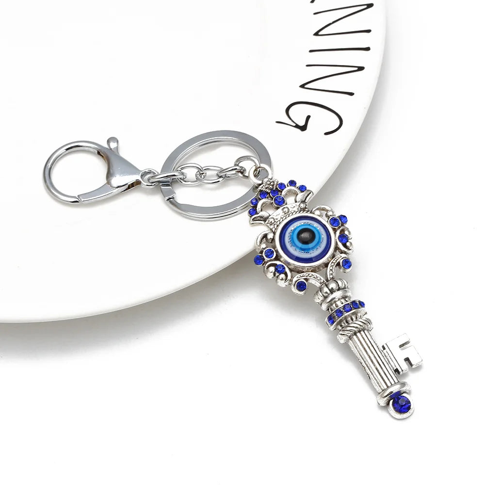 Key Shaped Evil Eye Turkish Keychain Blue and Silver Keyring Charm Lucky Keyring