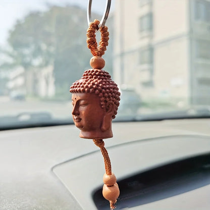 Mahogany Unique Peach Wood Buddha Head 3D Keychain Keyring 