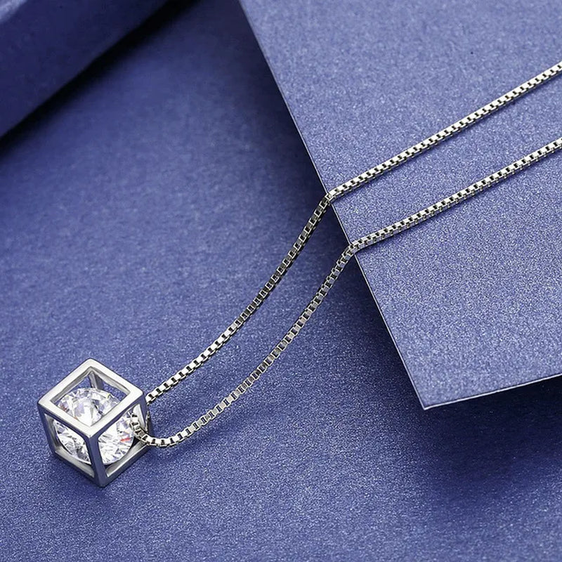 Silver Diamond Cube Necklace Stainless Steel 