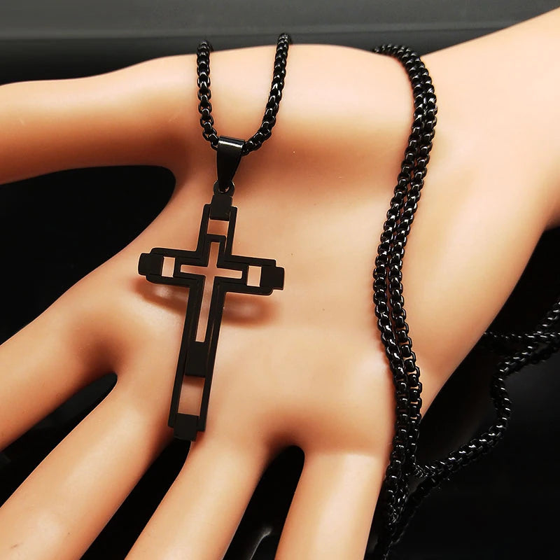 Mens Jesus Cross within a Cross Crucifix Pendant Black Stainless Steel Necklace Chain