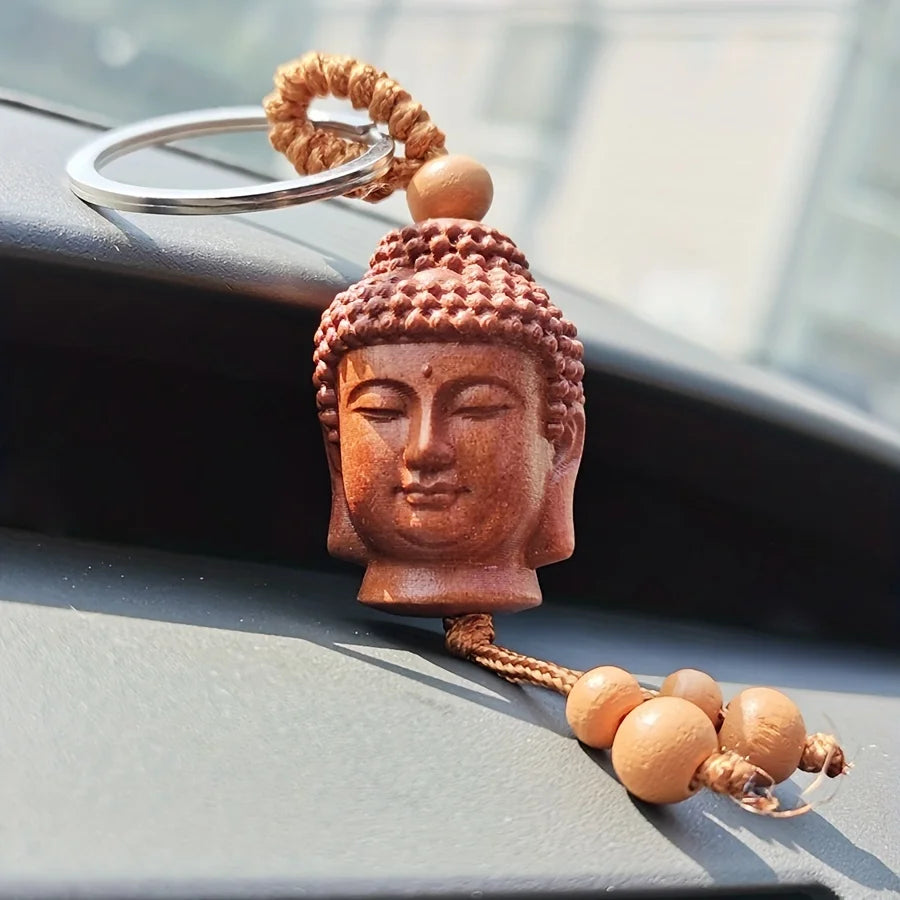 Mahogany Unique Peach Wood Buddha Head 3D Keychain Keyring 