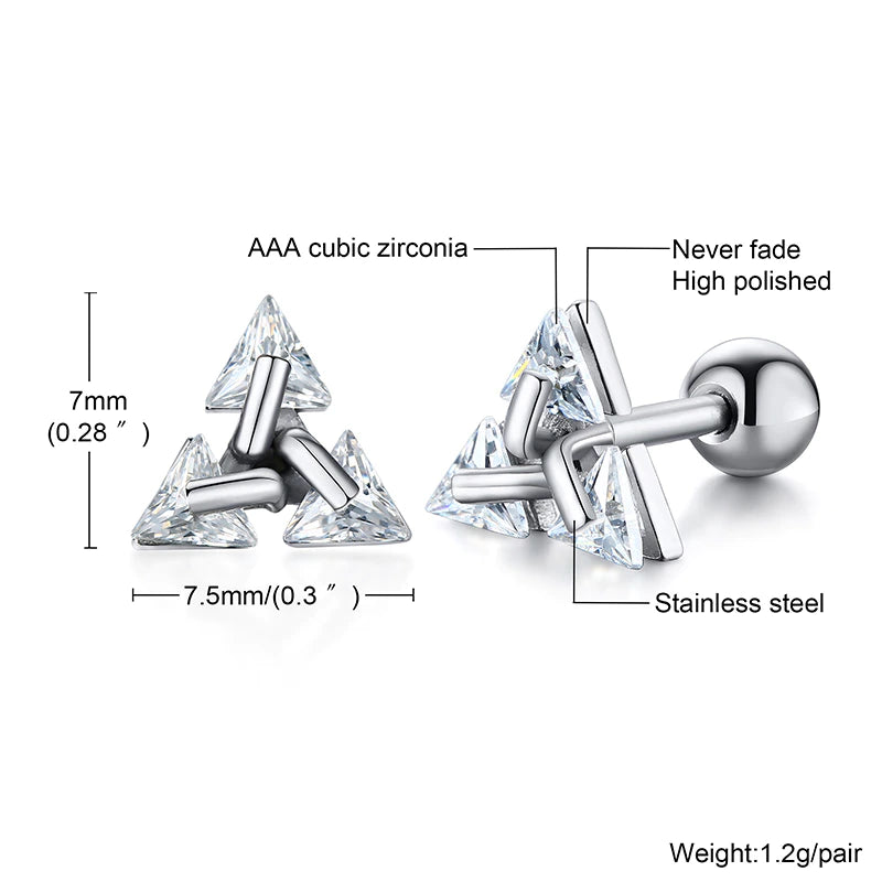 Mens Silver Stainless Steel Earring Triangle Crystal Diamond Stud 