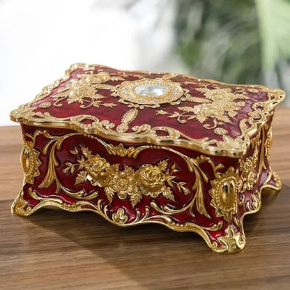 Red and Gold Luxury High-End European Pattern Hand-Painted Diamond handle Jewellery Storage Box