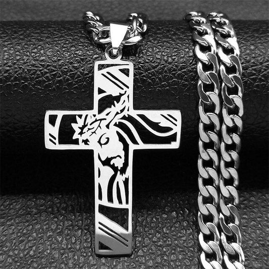 Large Jesus Christ Cross Crucifix Silver Stainless Steel With Curb Style Chain