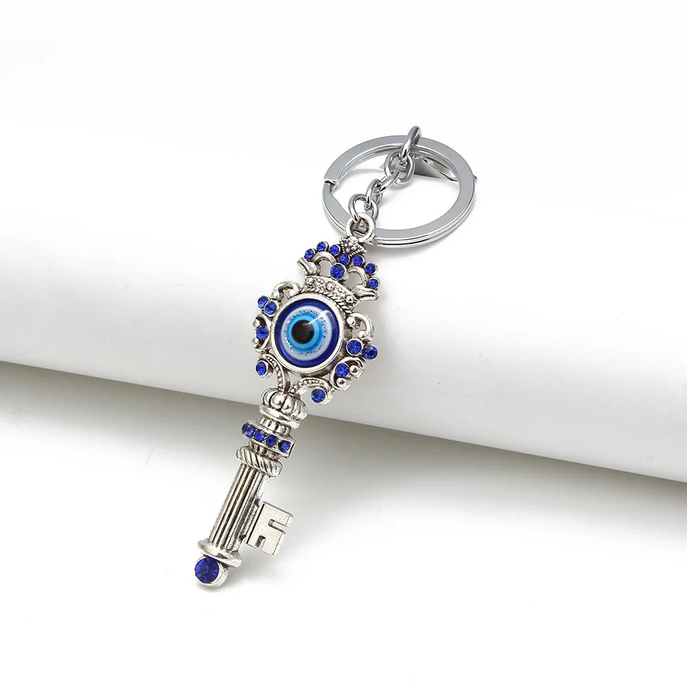 Key Shaped Evil Eye Turkish Keychain Blue and Silver Keyring Charm Lucky Keyring