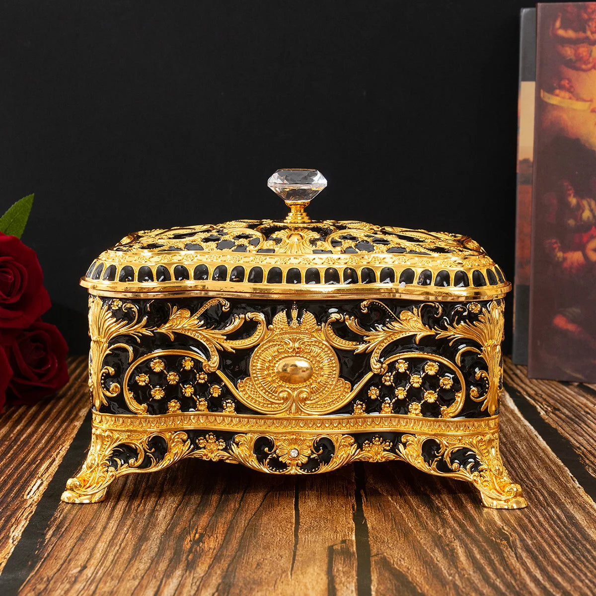 Black and Gold Luxury High-End European Pattern Hand-Painted Diamond handle Jewellery Storage Box