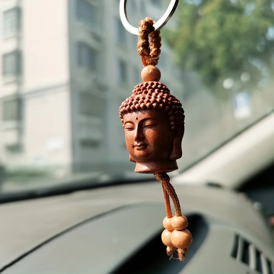 Mahogany Unique Peach Wood Buddha Head 3D Keychain Keyring 