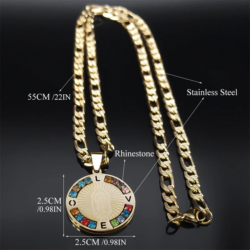  Virgin Mary Multicoloured Gem Necklace Mens Unisex Silver Stainless Steel With Curb Chain